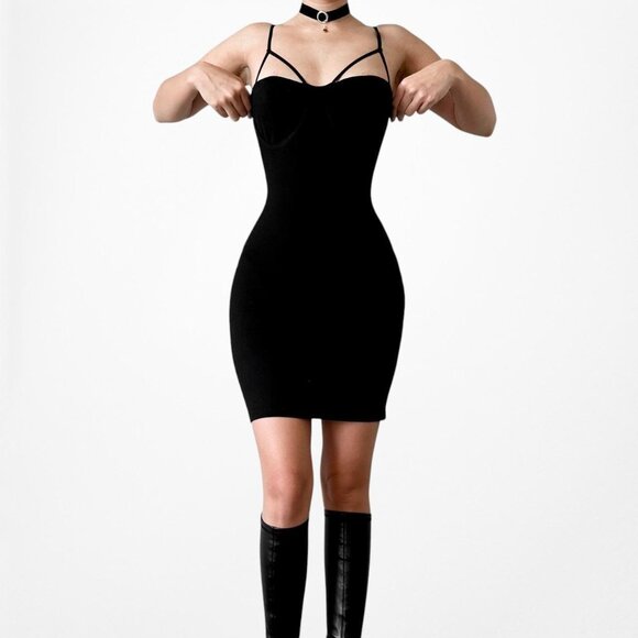 Zara Black Cutout Strappy Sweetheart Mini Knit Bodycon Dress Size XS/S - Picture 1 of 7